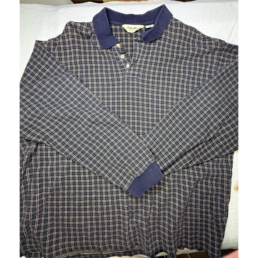 Eddie Bauer Men’s Plaid Polo Shirt 2XL Long Sleeve Blue Green Knit Cotton